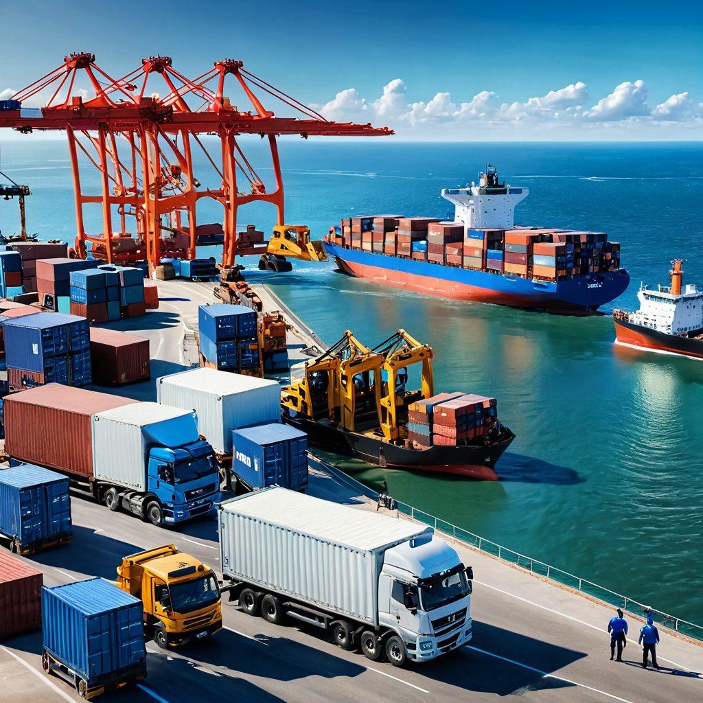 A dynamic scene showcasing a modern shipping port bustling with activity. Include various logistics vehicles like trucks, forklifts, and cargo ships loaded with containers. In the foreground, a diverse team of logistics experts is analyzing digital maps and inventory on tablets, emphasizing efficiency and teamwork. Bright blue skies and the glistening sea in the background add energy to the image. super-realistic. vibrant colors. 3D.