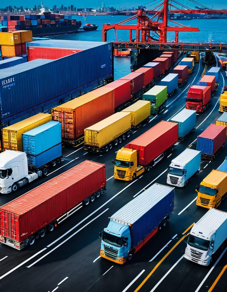 A dynamic composition showcasing a digital screen displaying data load boards along with freight logistics solutions. Include elements like graphs, charts, and map routes connecting different freight locations. The background should feature trucks, containers, and a busy port environment to indicate shipping efficiency. Use vibrant colors and a sleek, modern design to convey technology and innovation in logistics. super-realistic. vibrant colors.