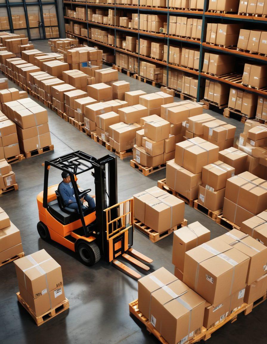A dynamic warehouse scene showcasing warehouse workers optimizing shipping logistics, surrounded by boxes and cargo. Visualize a digital dashboard displaying real-time data metrics highlighting load efficiency, along with a forklift maneuvering through neatly arranged packages. The atmosphere is energetic, symbolizing transformation and innovation in logistics. super-realistic. vibrant colors. 3D.
